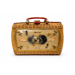 Vtg 1960s AILSA Hollywood Woven Wicker Purse Marble Lucite Handle Shell Box Bag